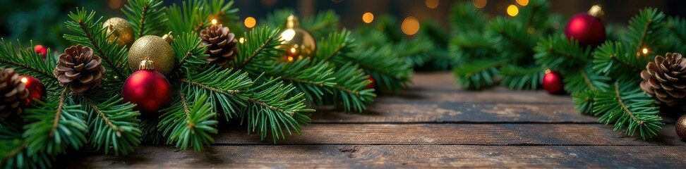 Fototapeta premium Fluffy green Christmas tree branches on a wooden table with pinecones and ornaments, Christmas trees, wreath, ornament