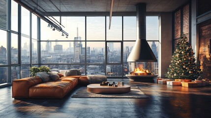Modern loft Christmas morning city view
