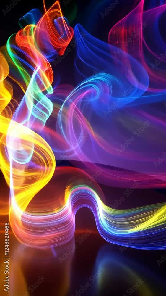 Poster dynamic neon waves creating swirling patterns, bright motion. vertical