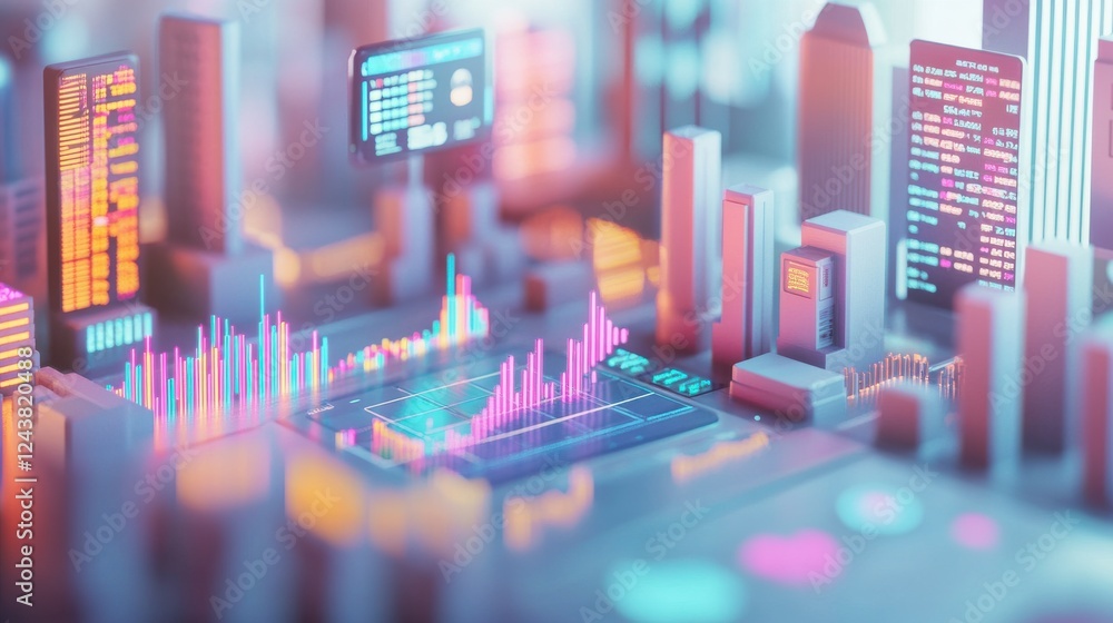 Poster a vibrant 3d cityscape with data visualizations, showcasing graphs and digital interfaces against a 
