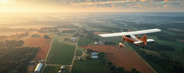 Aerial view of a small plane flying over a green landscape.