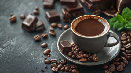 Cup of coffee with beans and chocolate on a dark textured table