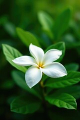 Obraz premium Fragrant white gardenia flower in a lush greenery, garden, botanical, flowers