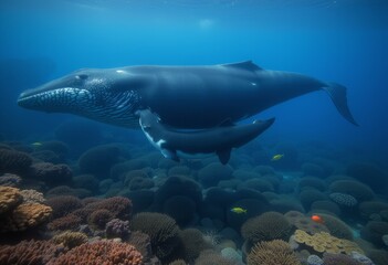 Fototapeta premium Serene underwater scene with a large whale swimming near a vibrant coral reef, accompanied by a smaller fish with similar patterns