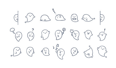 シンプルでかわいい様々なおばけのイラスト　装飾セット　ゴースト　幽霊　ハロウィン　感情 © わたほこり