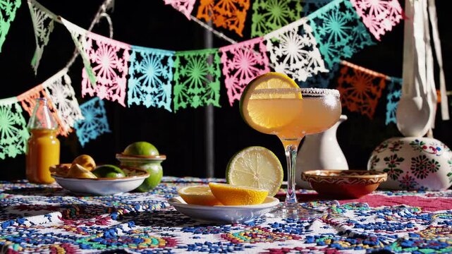 Festive Mexican table setting with a citrus cocktail, fresh fruit, and traditional papel picado decorations