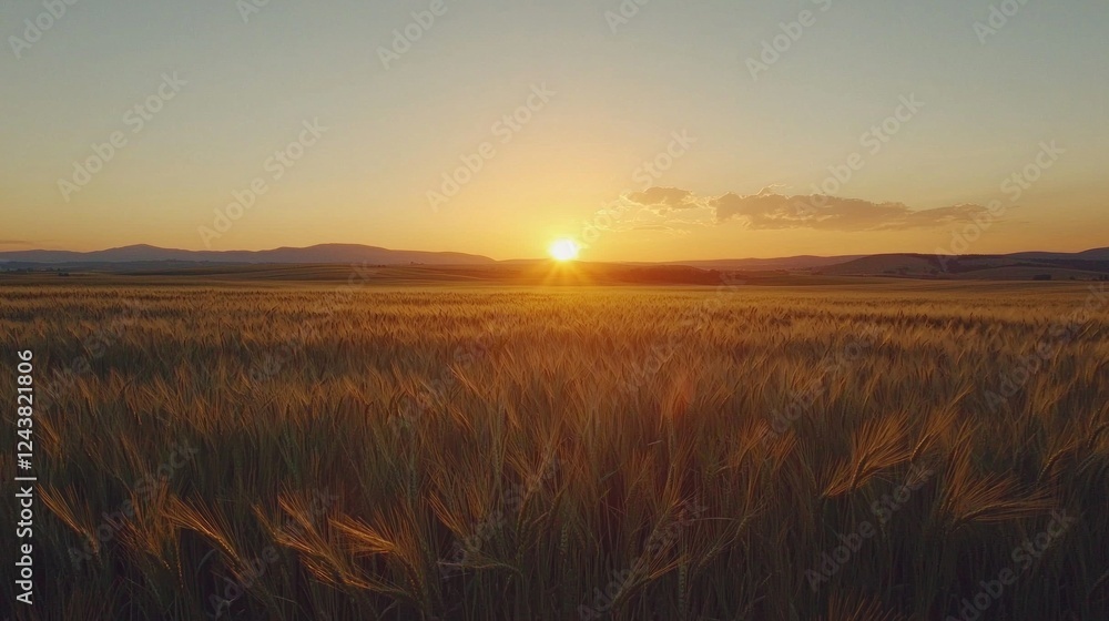 Poster sunlight bathes the vast fields of grain in warm golden hues as the sun sinks below the distant hill