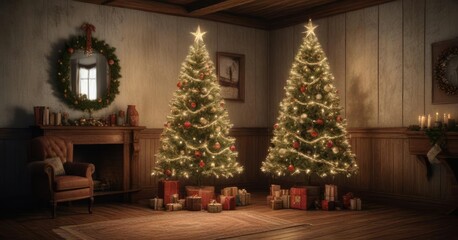 Fototapeta premium Vintage-inspired tinsel Christmas tree in a rustic room, cozy winter decor, distressed wood furniture, vintage ornament decorations