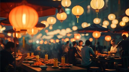 a bustling night market scene with lanterns and people dining. The warm glow of the lanterns casts a magical ambiance, inviting viewers to experience the vibrant atmosphere