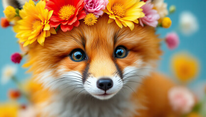 Adorable Fox Kit with Flower Crown Spring Wildlife Photography