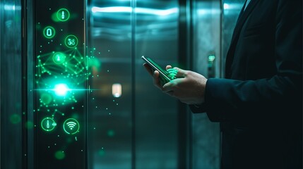 a businessman using a smartphone to activate an elevator with a futuristic interface. The digital display shows a green network and icons, representing a connected world 