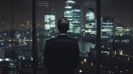 businessman looking at the city at night from a skyscraper. The city lights twinkle below him, creating a dramatic contrast to his silhouette