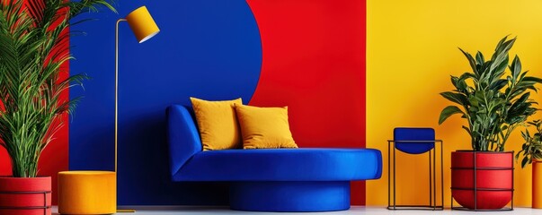 Modern living room showcasing artistic decor, indoor plants, and bold red, blue, and yellow elements for a trendy look