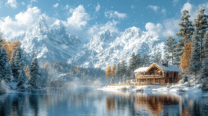 Fototapeta premium Cozy mountain lodge with snowy peaks