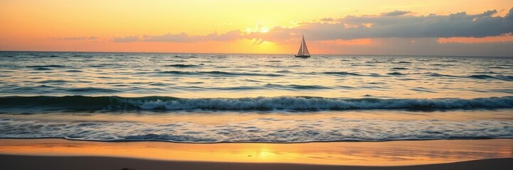 Fototapeta premium Warm golden light fades into the horizon as a tranquil ocean sets sail in the background of a serene beachscape at dusk, sandy beach, natural beauty, sunset