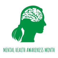 Vector Mental Health Awareness Month Woman Icon with Brain Symbol stock illustration