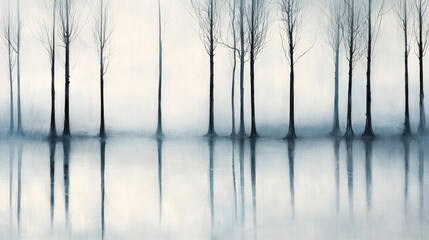 Misty Morning: Serene Reflection of Trees in Still Water