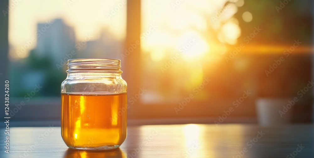 Aufkleber a glass jar filled with golden organic honey sits on a table. warm sunlight streams through the wind