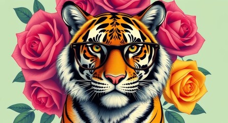 A stylish tiger wearing glasses surrounded by vibrant roses on a lush green background.