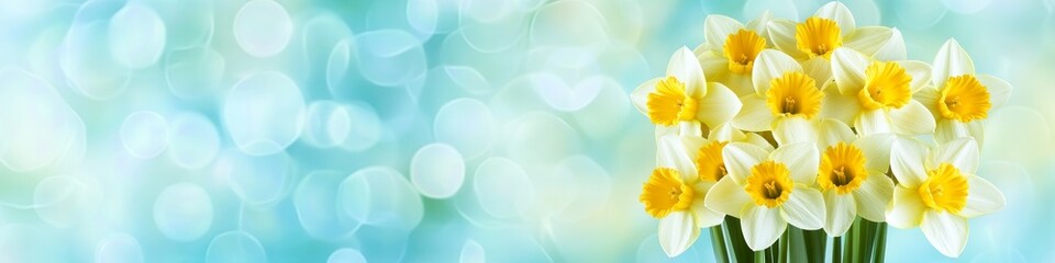 Naklejka premium Yellow Daffodils Bouquet on Light Blue Background. Spring Floral Greeting Card, Poster, Wallpaper.