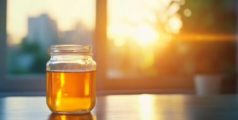 A glass jar filled with golden organic honey sits on a table. Warm sunlight streams through the window, casting a soft glow over the jar.