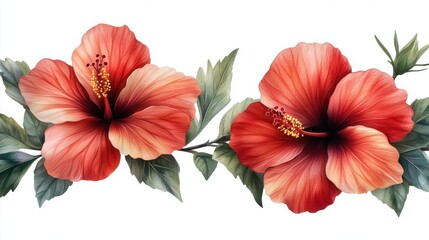 red hibiscus flower and leaf isolated on transparent background