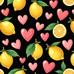 Vector pattern in style of Valentine Day
with tropical fruits lemon, hearts, leaves
on black background. Fashion
ornament for fabric, paper, textiles, notepad,
woman clothing, card, packaging.