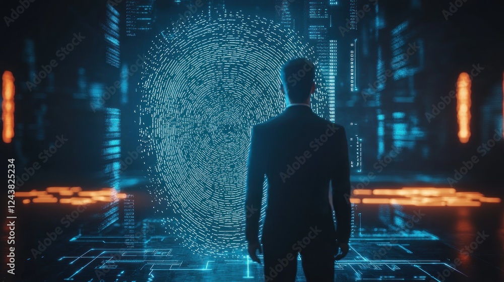 Poster cybersecurity expert analyzing digital fingerprint data on futuristic interface