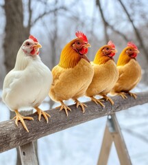 Fototapeta premium Chickens hanging from tree branches, on ladders and chairs