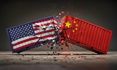 china and us trade war ,shipping containers colliding and exploding mid-air metallic shreds, political and economic fight for power worldwide