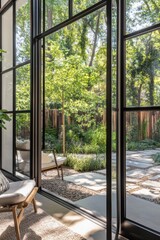 Modern indoor space featuring large glass windows overlooking a serene garden oasis during daylight hours, with natural light illuminating the room