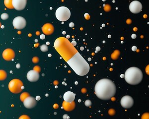 Isolated futuristic pill dissolving into nanoparticles in a clean setup