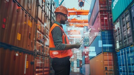 a worker in safety gear inspects cargo containers at a busy port with technology overlay, representing the efficiency and global reach of modern logistics