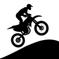 Motocross bike jumping over a hill, simple vector silhouette on white background