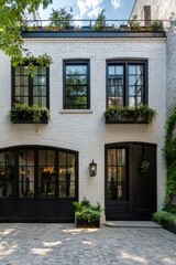 Elegant brick house with black window frames, lush greenery, and a cozy courtyard located in a serene urban neighborhood during a sunny day