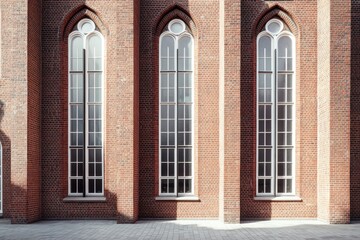 Fototapeta premium The detailed design of the brick building features tall, narrow windows that beautifully capture and reflect the sunlight in a tranquil urban setting
