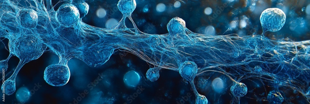 Aufkleber blue network, abstract background with nodes and connections, bokeh lights, 3d render