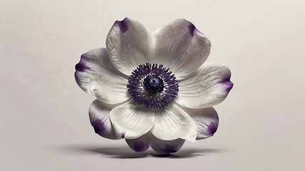 A simple and clean clipart design illustration of a white anemone flower with purple centers. The flower has a few petals unfurled, revealing the purple center. 