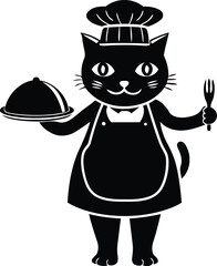 Cute cat wearing a chef's hat and apron vector illustration, Cat wearing a chef's hat and apron silhouette vector art, Cat wearing a chef's hat and apron line art vector icon design