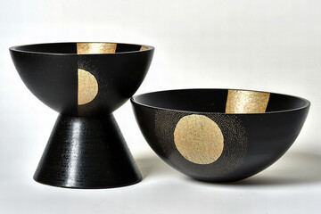 Two Black and Gold Geometric Bowls on White Background