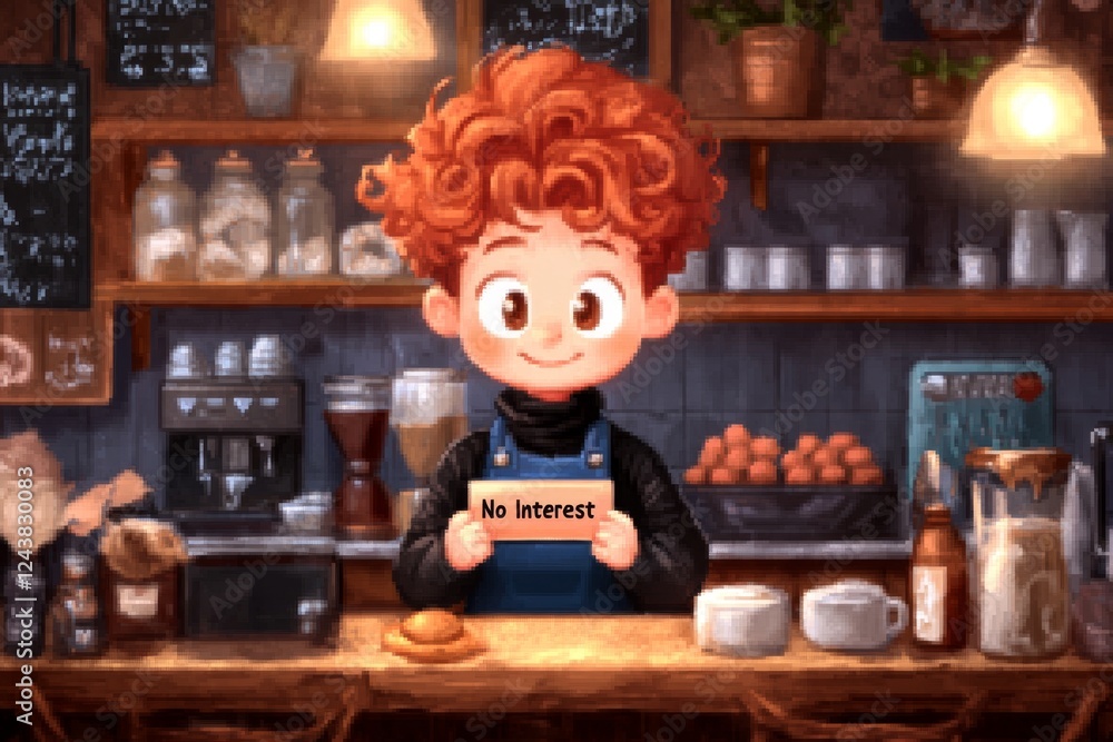 Poster A 8-bit pixel art of a smiling character holding a â€œNo Interestâ€ credit card, with a retro game UI