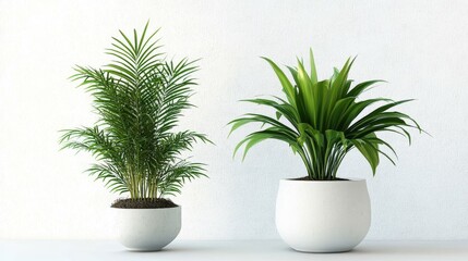 Fototapeta premium Two Beautiful Indoor Plants in Minimalist White Pots on a Bright Background for Home or Office Decor Inspiration and Aesthetic Enhancement