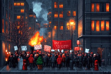 Obraz premium A 8-bit pixel art of a political rally, featuring small pixelated characters holding banners and chanting slogans
