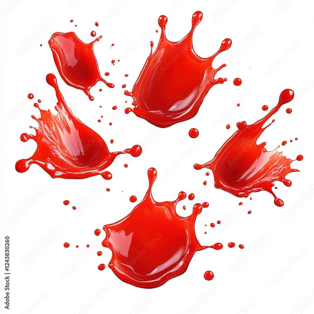 Poster vivid red drops splashing in various directions, capturing the dynamic motion of liquid on a bright 