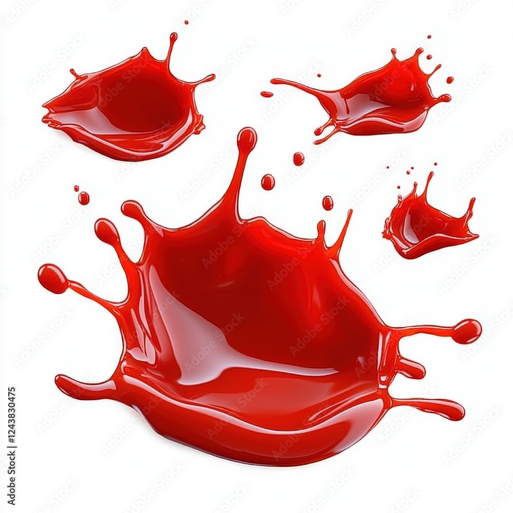 Poster set of vibrant red drops splashing on a white background, perfect for art or creative projects with 