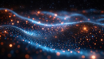 Fototapeta premium Abstract Sparkling Blue and Orange Waves, Digital Art