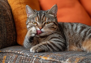 Obraz premium Cute tabby cat with striking markings grooming itself on cozy couch surrounded by soft pillows and warm colors in a stylish, modern living space