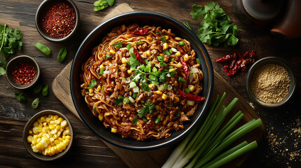 spices on a wooden table, Chili con carne in a cast iron skillet, noodle