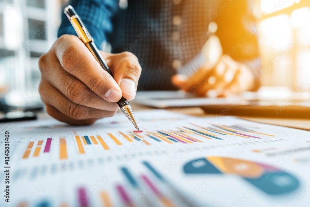 Poster a business professional analyzing distribution costs on a financial report with bar charts and pie g