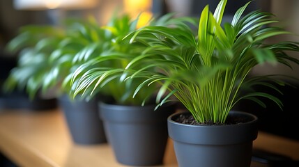 Obraz premium Three potted parlor palms sit on a wooden surface